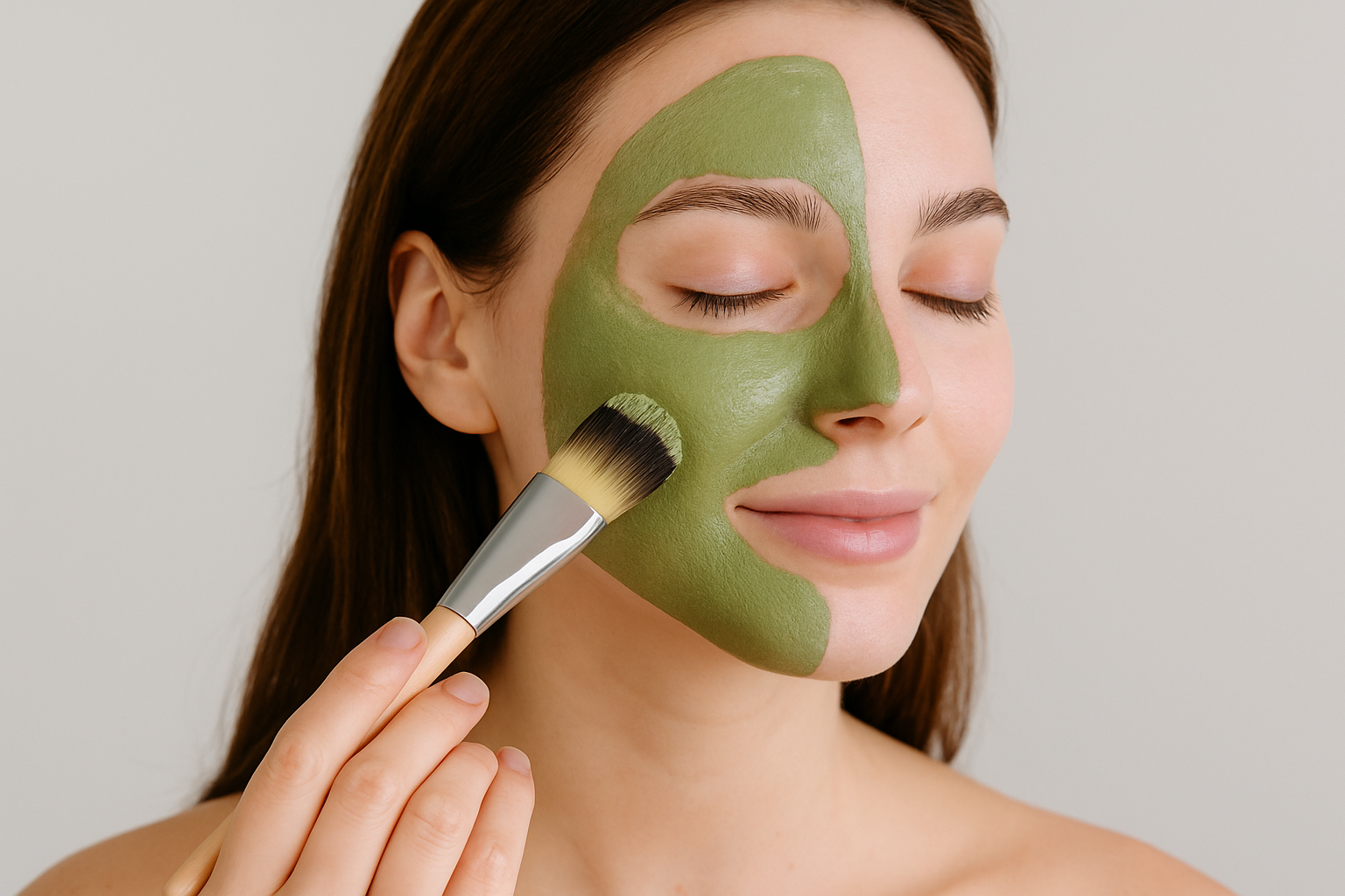 aplicando argila verde no rosto com pincel