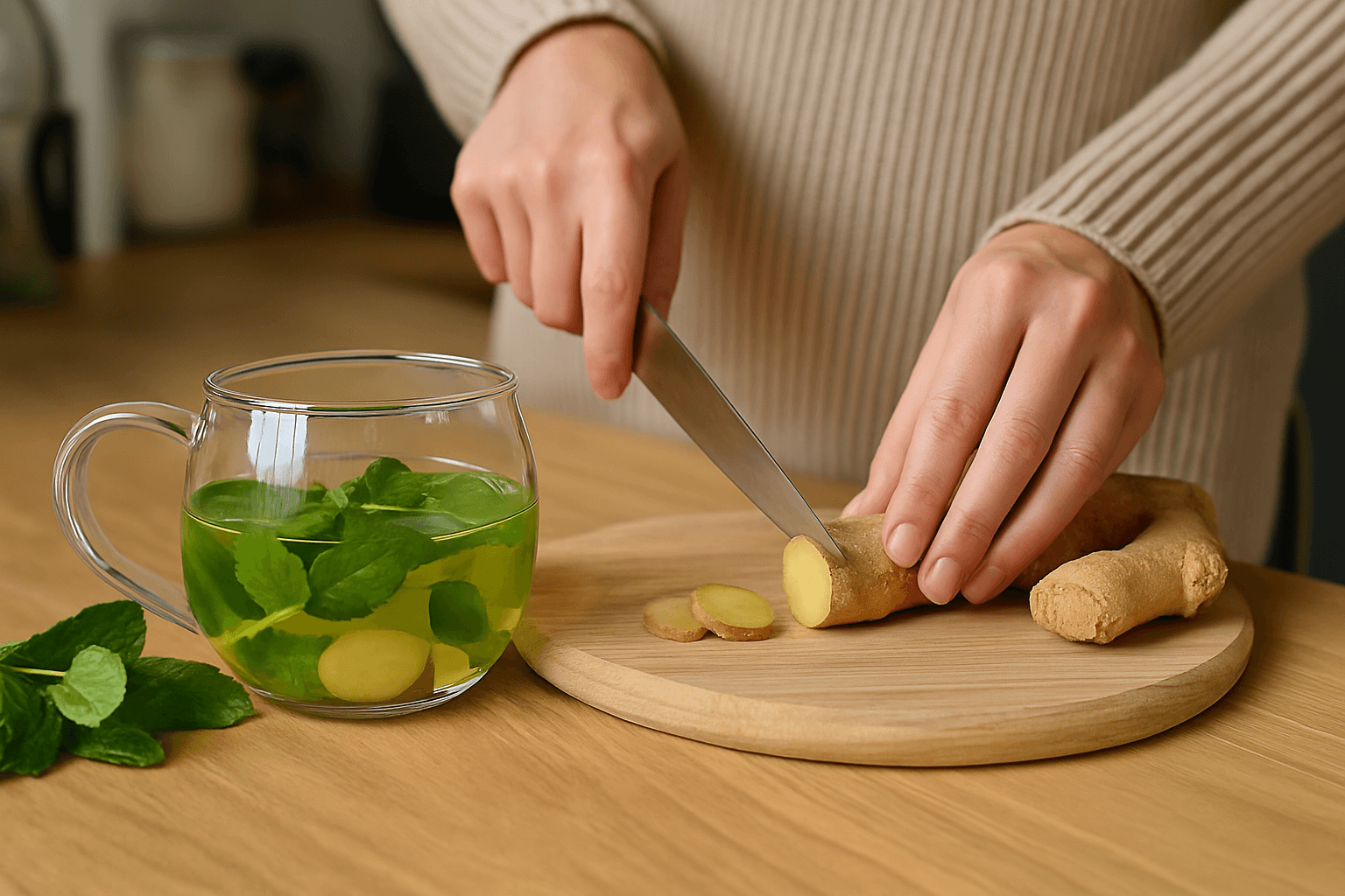 preparo de chá de hortelã com gengibre natural